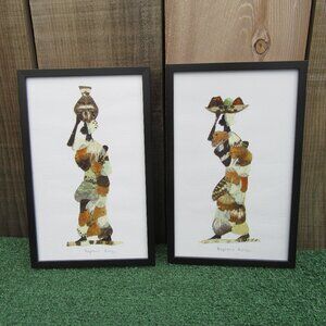 Set of 2 Butterfly Wing Mosaic African Tribal Framed Art Signed Alpheus Bonga